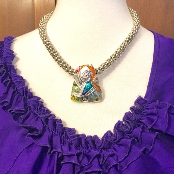 Artist Rainbow Mixed Media Abalone Mosaic Trapezoid Silver Necklace - Picture 5 of 10